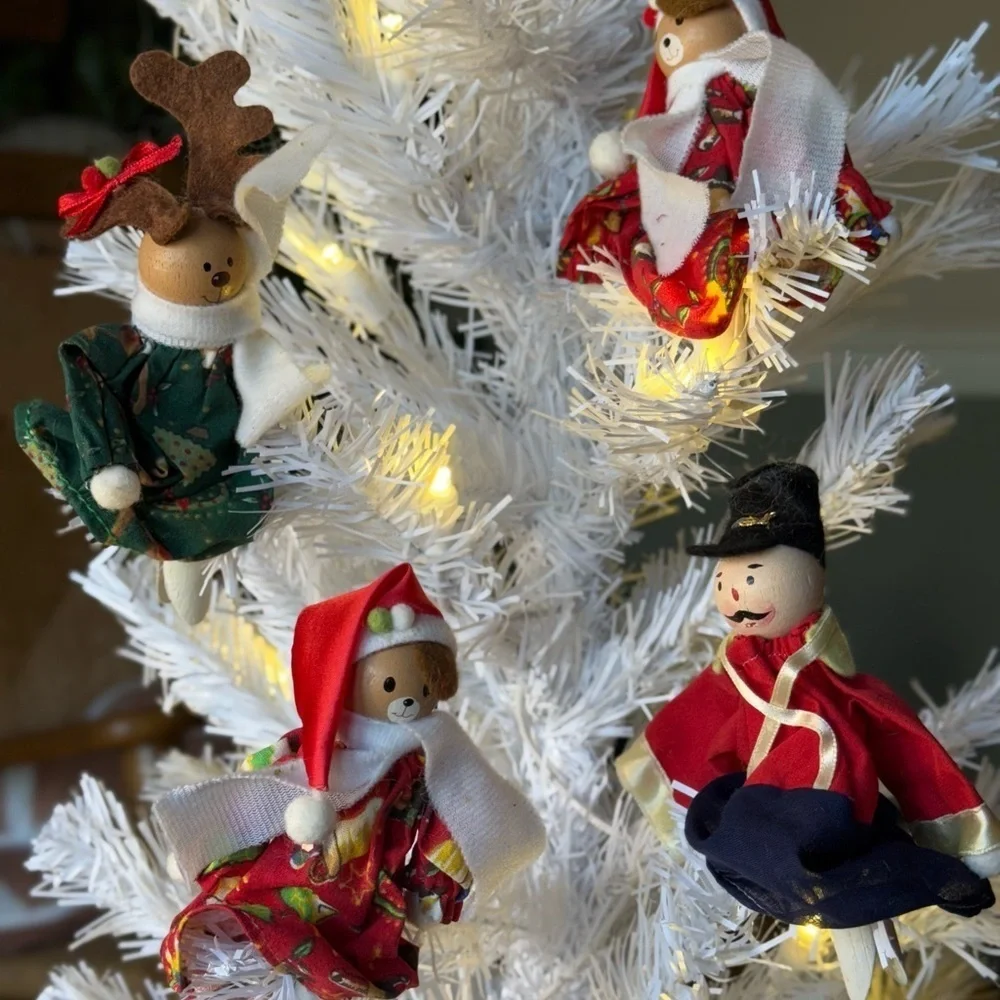 Vintage 1968 Festive Holiday Bear Nutcracker Wood Ornaments Clip Set